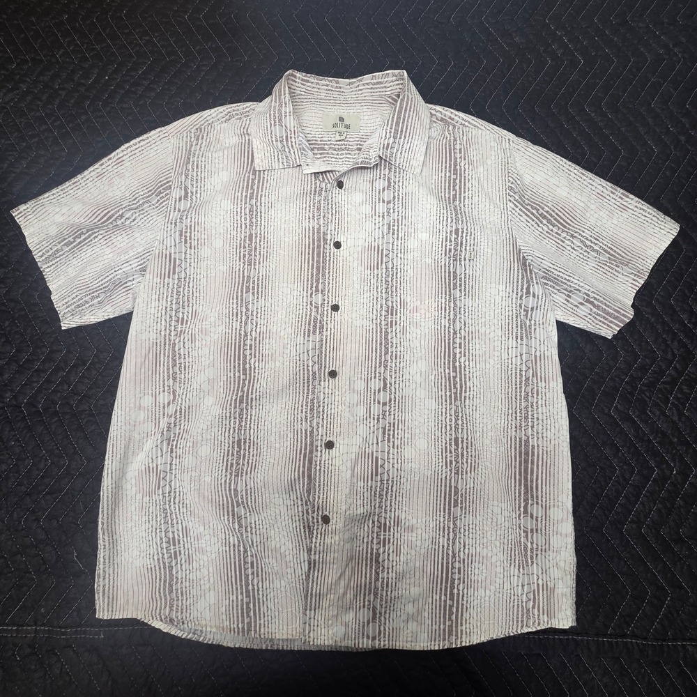 Solitude Mens Short Sleeve Button Down Shirt Tan Cream Geometric Print Large